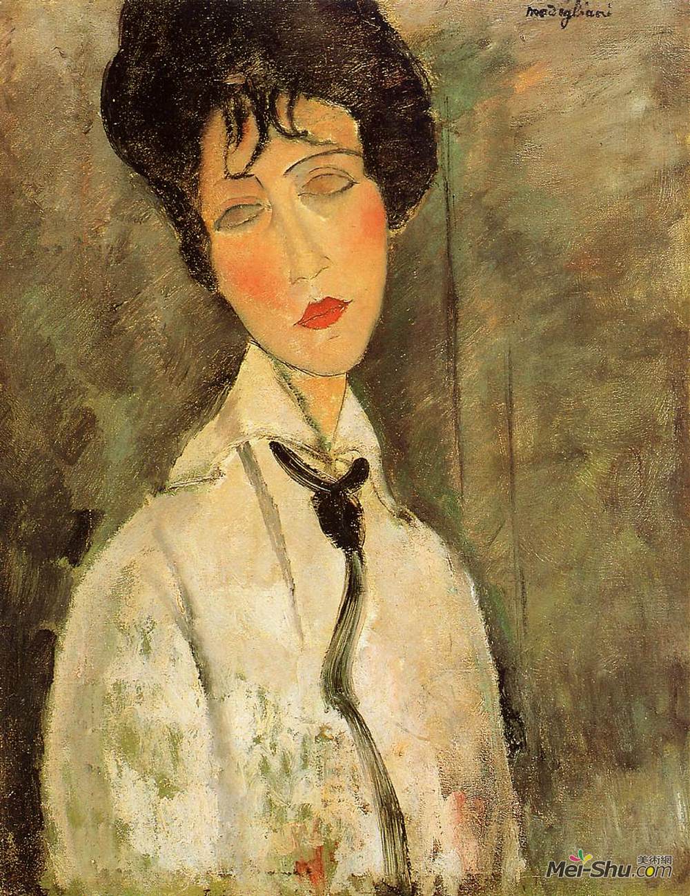 阿梅代奥·莫迪利亚尼(Amedeo Modigliani)高清作品《一个身穿黑色领带的女人肖像》