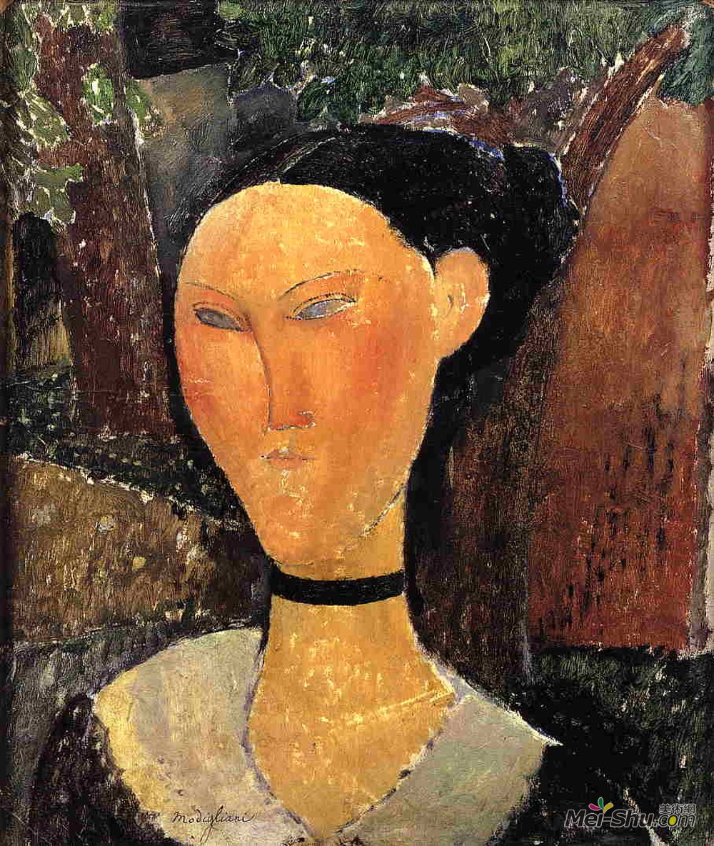 阿梅代奥·莫迪利亚尼(Amedeo Modigliani)高清作品《带丝带的女人（黑边）》