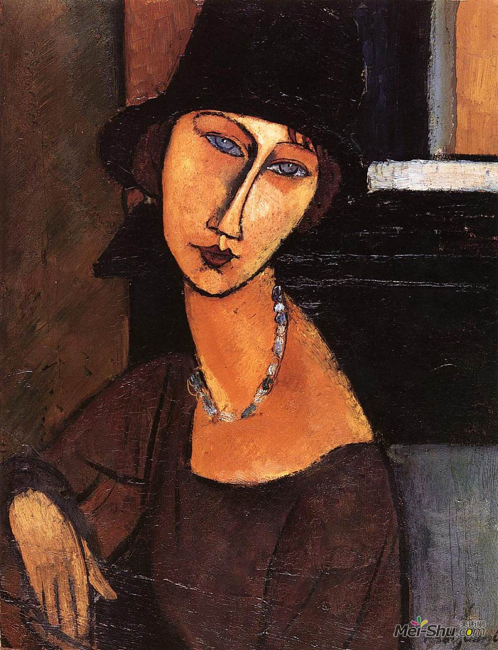 阿梅代奥·莫迪利亚尼(Amedeo Modigliani)高清作品《Jeanne Hebuterne with Hat and Necklace》