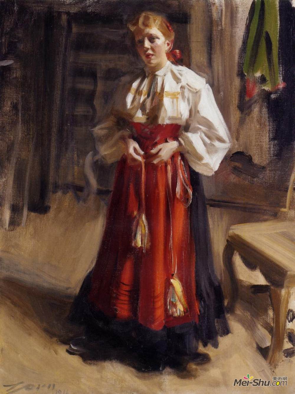 安德斯·左恩(Anders Zorn)高清作品《奥莎服饰中的女孩》