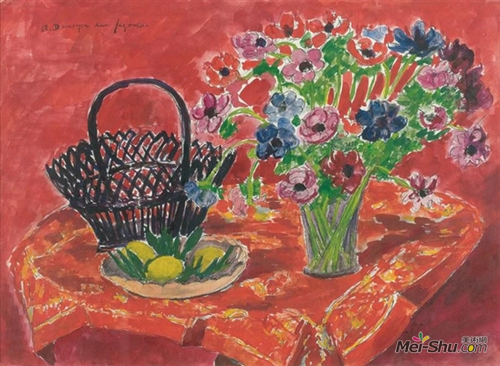 安德烈-都那叶-德·斯贡札克(Andre Dunoyer de Segonzac)高清作品《花瓶呢，柠檬和篮子放在桌子上》
