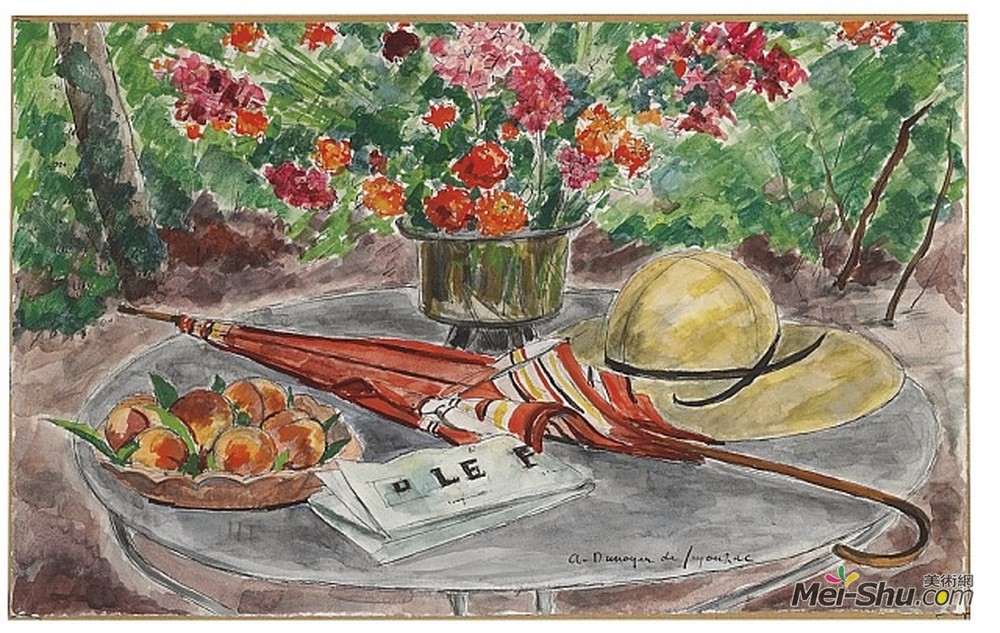 安德烈-都那叶-德·斯贡札克(Andre Dunoyer de Segonzac)高清作品《花瓶，盘子桃子，伞和费加罗》