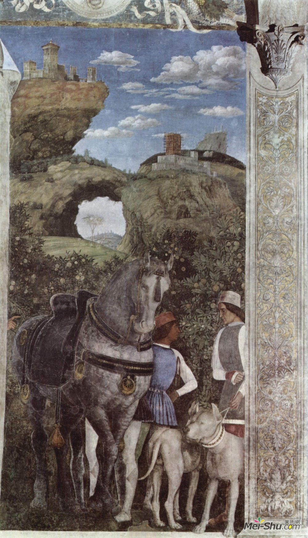 安德烈亚·曼特尼亚(Andrea Mantegna)高清作品《Horse and groom with hunting dogs, from the Camera degli Spo》