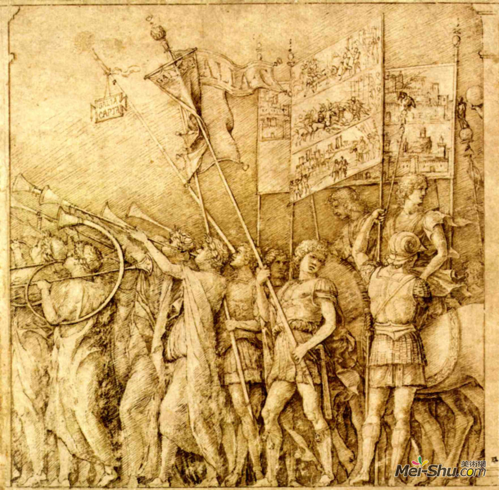 安德烈亚·曼特尼亚(Andrea Mantegna)高清作品《小号手，携带旗帜和横幅》