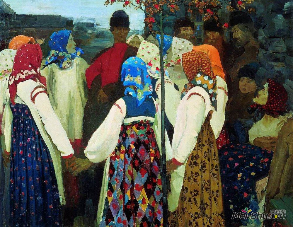 安德烈·里亚布什金(Andrei Ryabushkin)高清作品《一个年轻人闯入女孩跳舞，和老妇人》