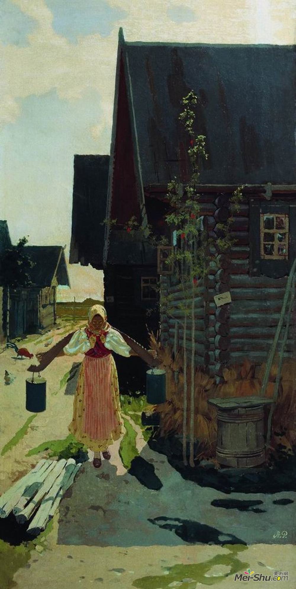 安德烈·里亚布什金(Andrei Ryabushkin)高清作品《在村子里。带桶的女孩》