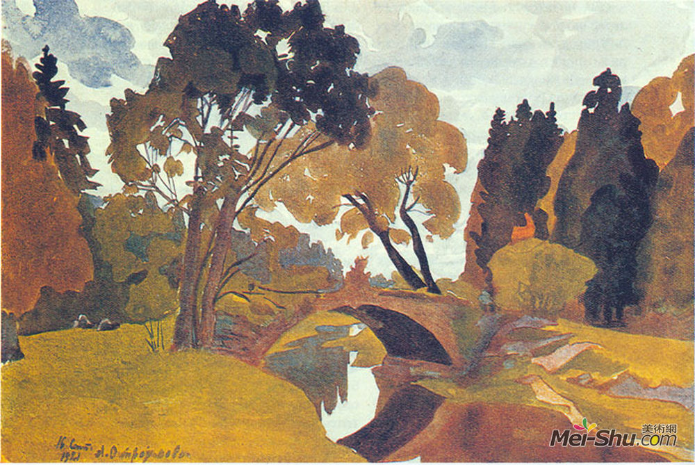 安娜·奥斯特鲁维亚(Anna Ostroumova-Lebedeva)高清作品《Pavlovsk. Novosilviysky bridge.》