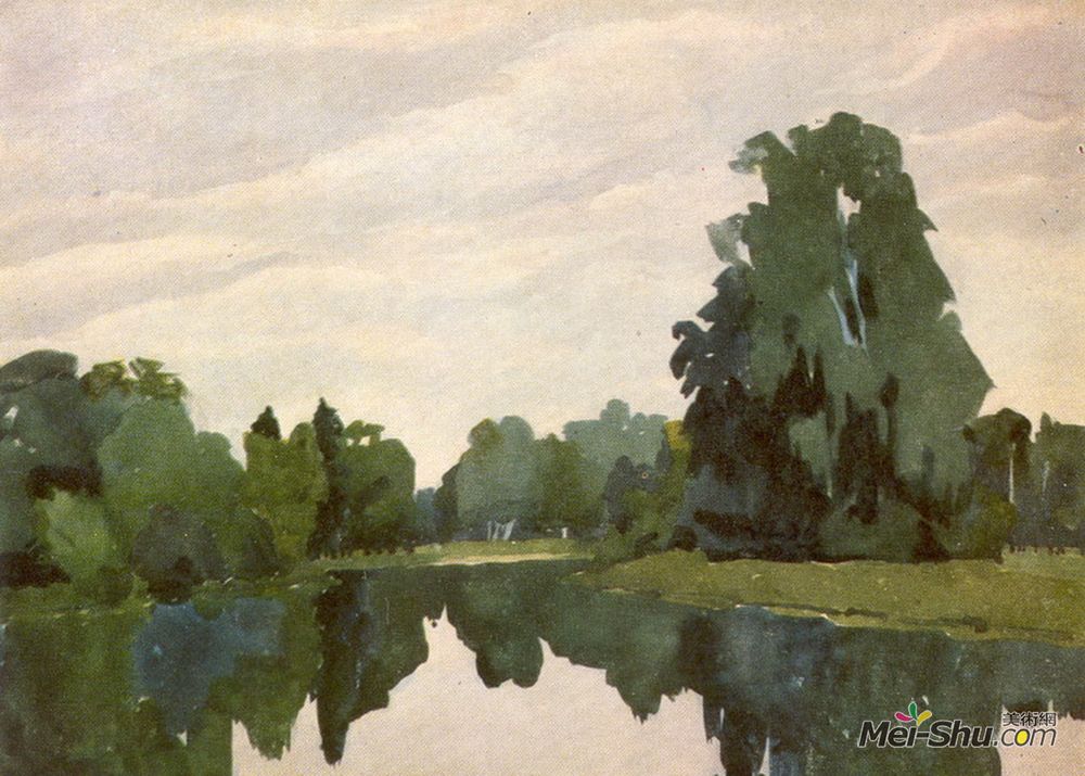 安娜·奥斯特鲁维亚(Anna Ostroumova-Lebedeva)高清作品《Pavlovsk. Rozopavilonny pond.》