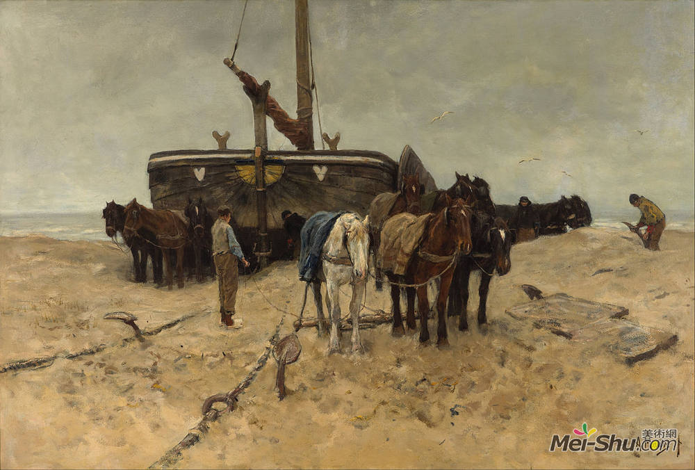 安东·莫夫(Anton Mauve)高清作品《海滩上的渔船》
