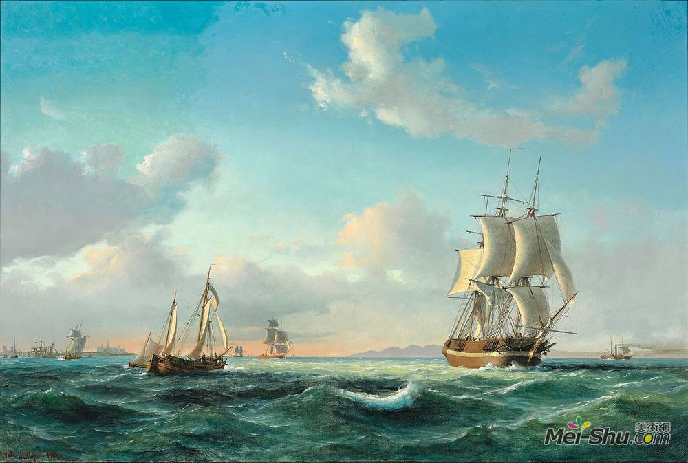 丹尼尔·赫尔曼·安顿·梅尔拜(Anton Melbye)高清作品《The sailing ship ?Johanna‘ and other vessels in Sundet of》
