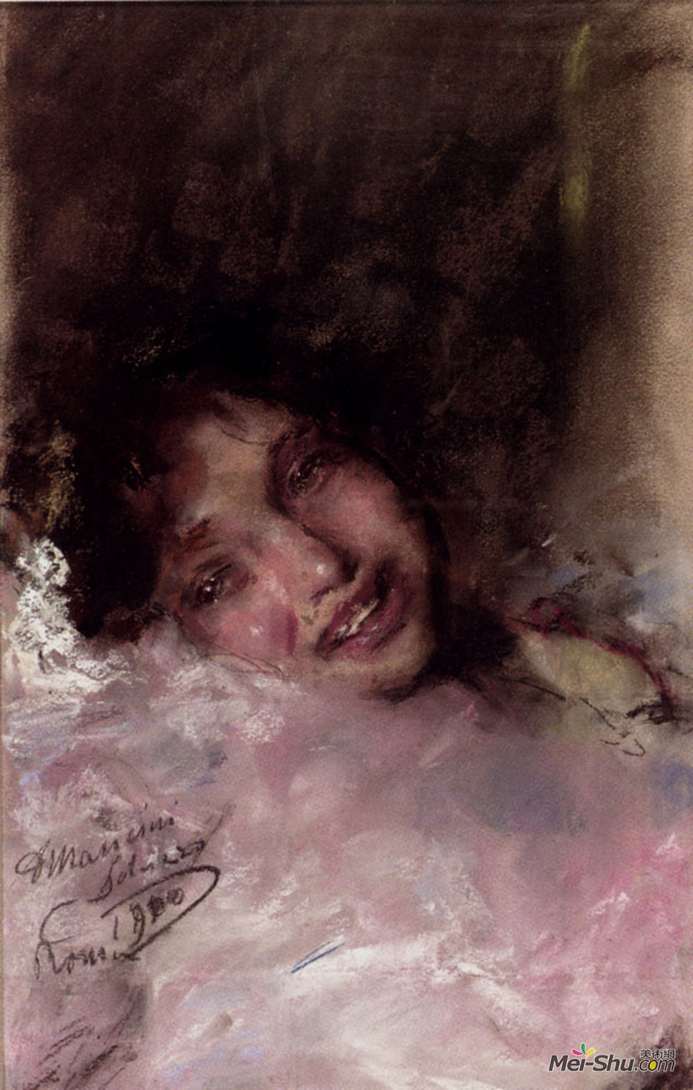 安东尼奥·曼奇尼(Antonio Mancini)高清作品《一个年轻女孩在笑》