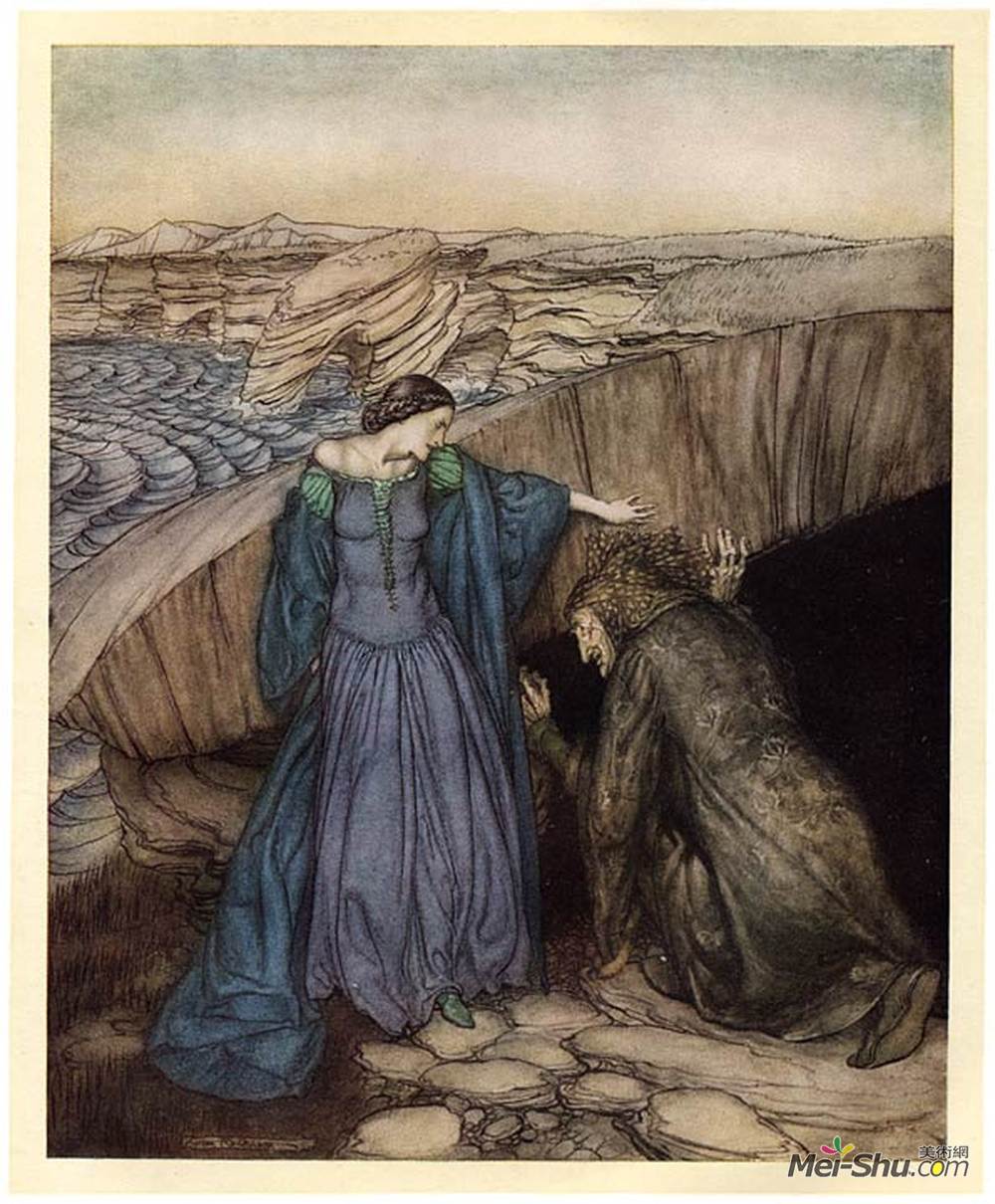 亚瑟·拉克姆(Arthur Rackham)高清作品《梅林被邪恶的仙女费雯诱骗在家里。》