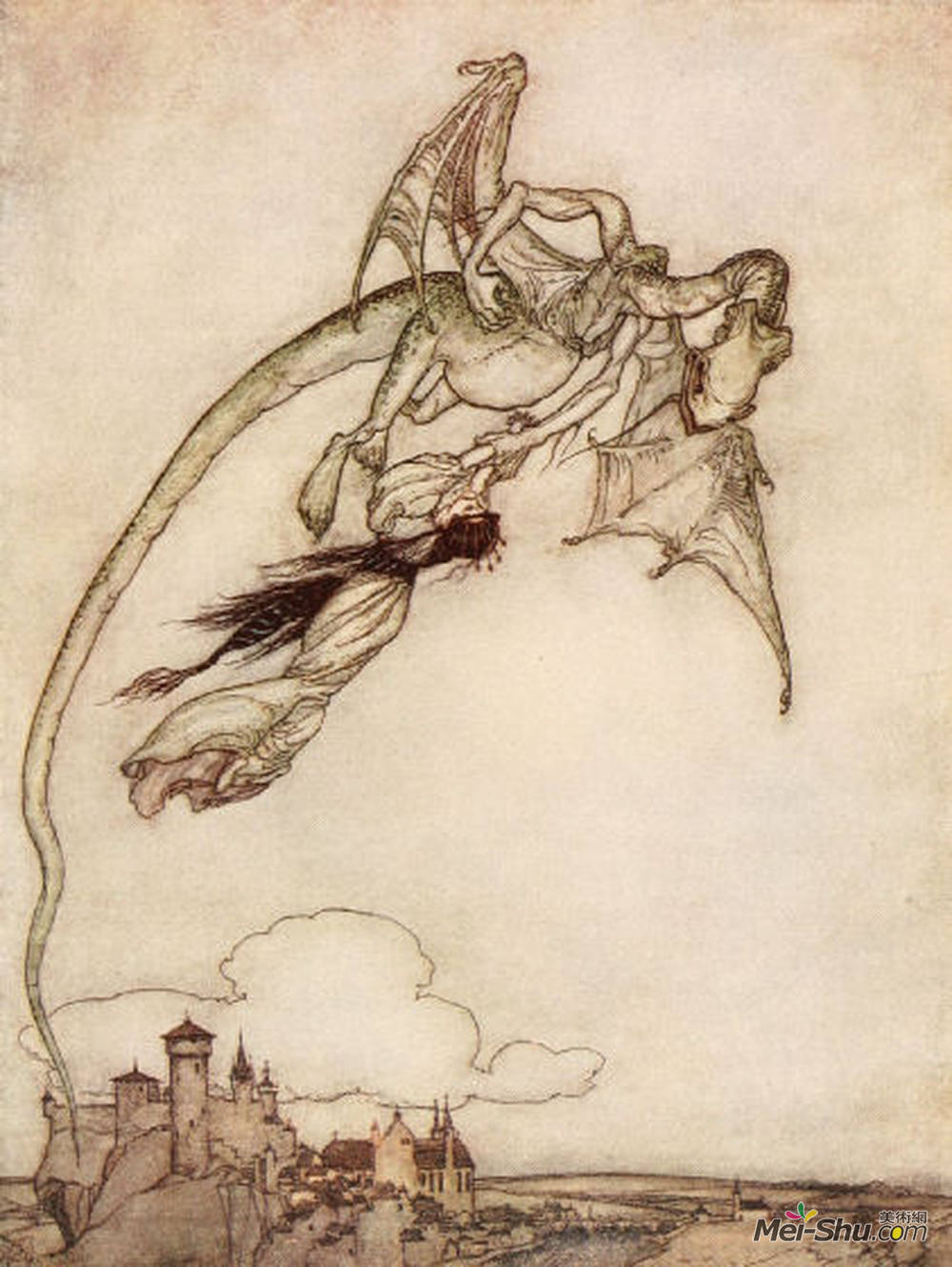 亚瑟·拉克姆(Arthur Rackham)高清作品《国王的独生女儿被一条龙带走了。》