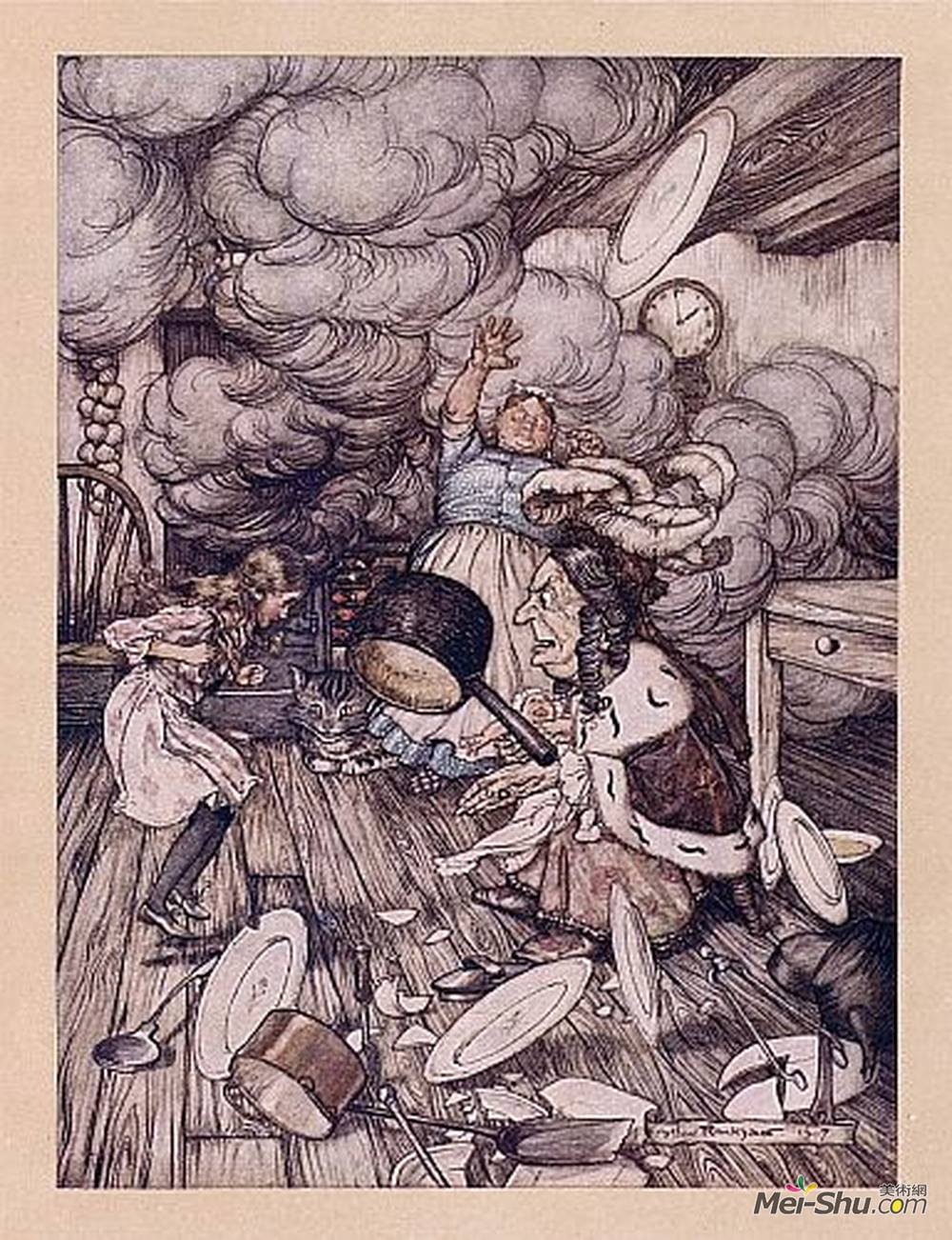 亚瑟·拉克姆(Arthur Rackham)高清作品《一个不寻常的大平底锅靠近它飞，而且很近。》