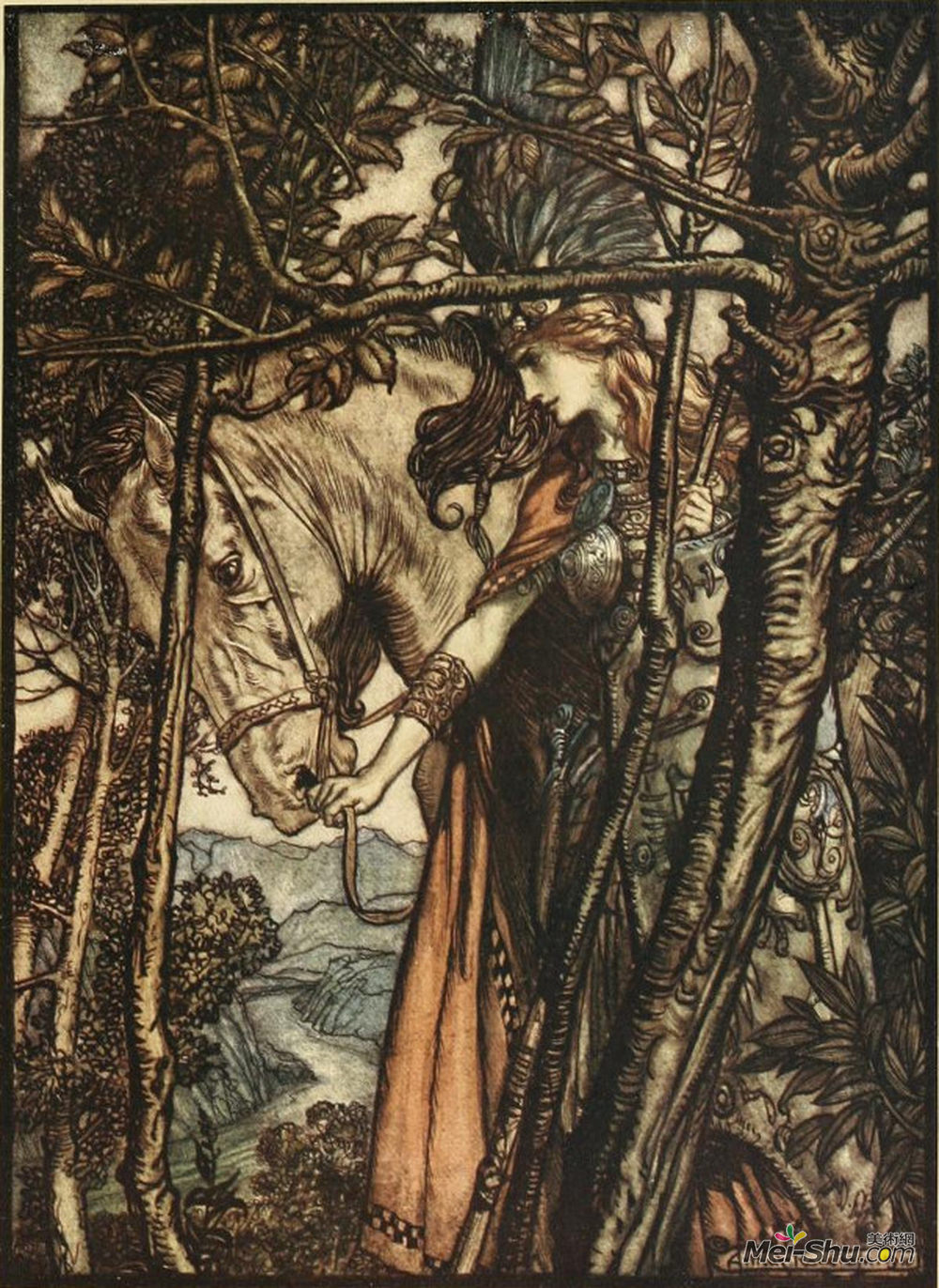 亚瑟·拉克姆(Arthur Rackham)高清作品《Br&ünnhilde slowly and silently leads her horse down》