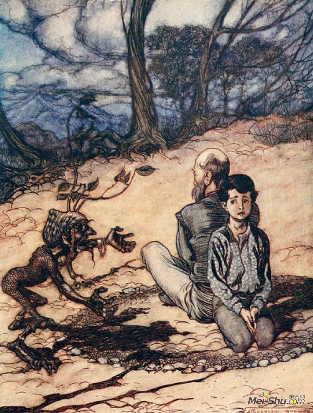 亚瑟·拉克姆(Arthur Rackham)高清作品《儿子做了一个圆圈，他的父亲和他坐在他们的座位上。》