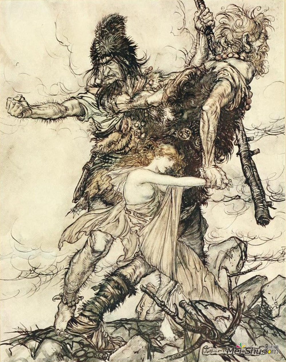 亚瑟·拉克姆(Arthur Rackham)高清作品《法斯特突然抓住弗雷亚并将她拖到一边》