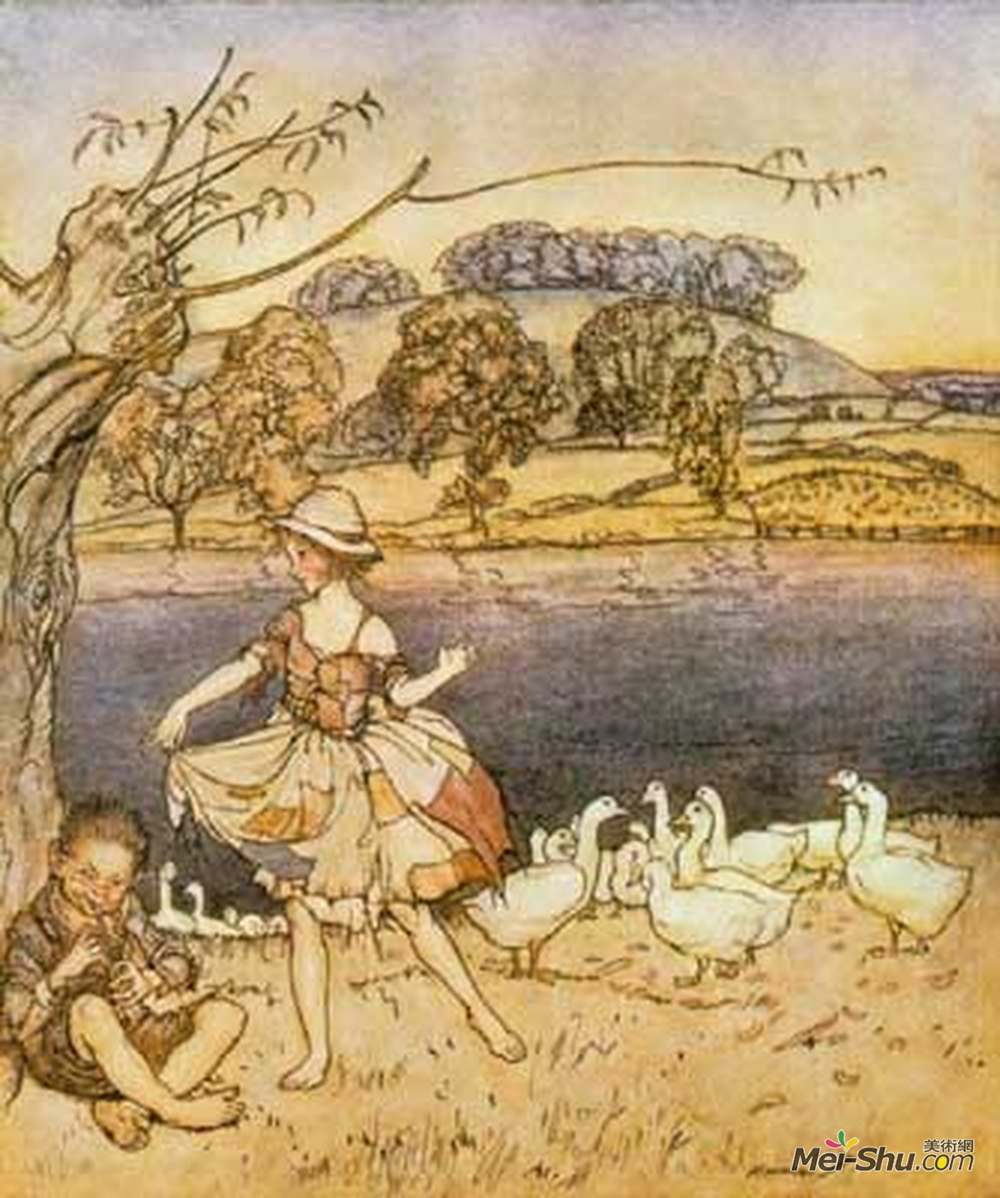 亚瑟·拉克姆(Arthur Rackham)高清作品《Tattercoats dancing while the gooseherd pipes》