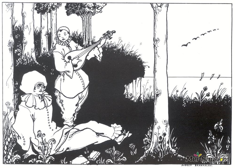 奥博利·比亚兹莱(Aubrey Beardsley)高清作品《“皮埃罗”的终端纸设计》