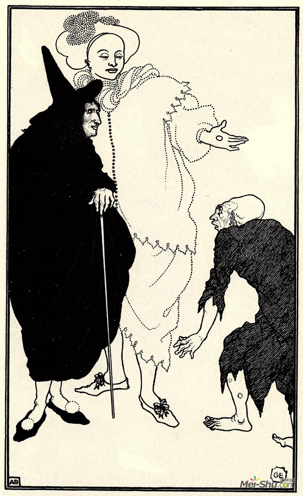 奥博利·比亚兹莱(Aubrey Beardsley)高清作品《Don Juan, Sganarelle and the Beggar》