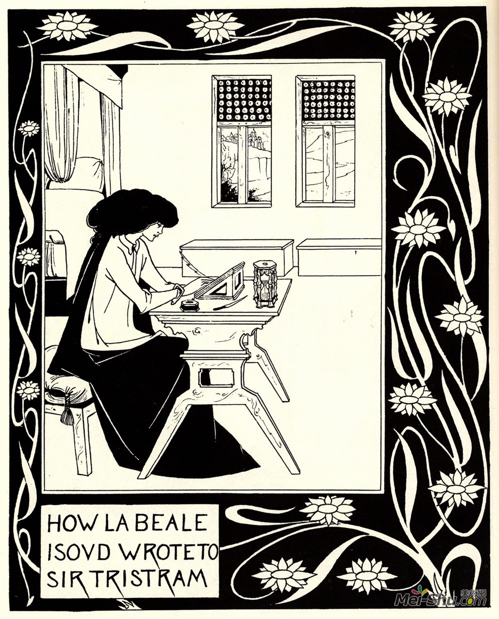 奥博利·比亚兹莱(Aubrey Beardsley)高清作品《How La Beale Isoud Wrote to Sir Tristram》