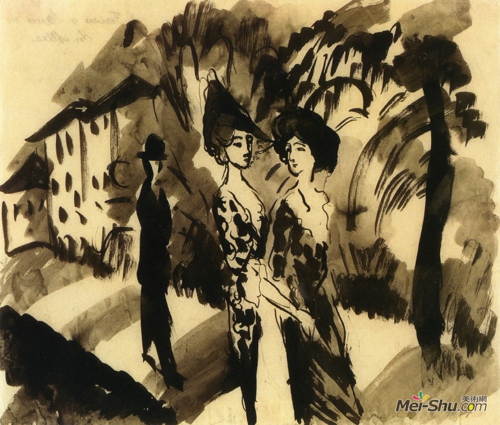 奥古斯特·麦克(August Macke)高清作品《大街上的两个女人和一个男人》