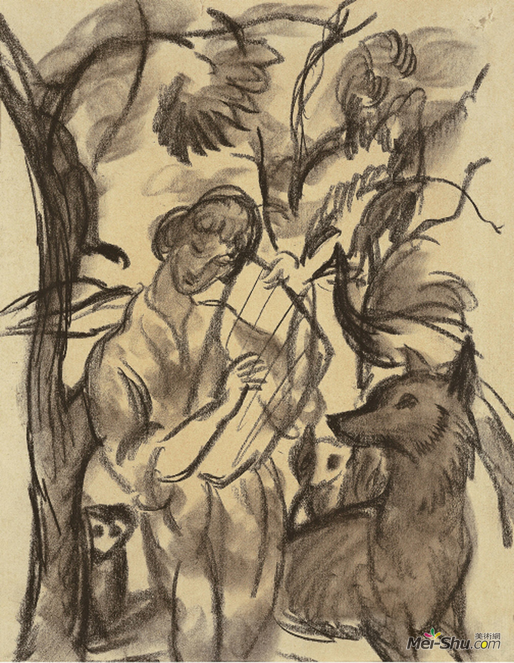 奥古斯特·麦克(August Macke)高清作品《琴瑟和狗的女人》