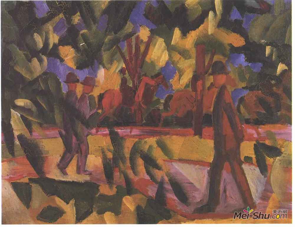 奥古斯特·麦克(August Macke)高清作品《跑道上的骑手和步行者》