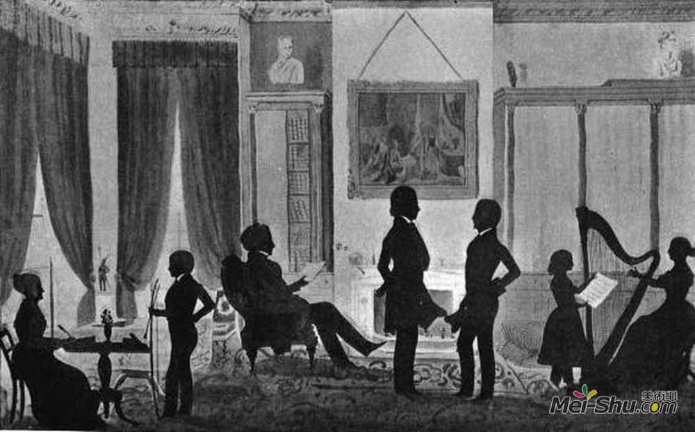 奥古斯特·爱德华(Auguste Edouart)高清作品《Portrait of Abbott Lawrence family in their library, No.5 Pa》
