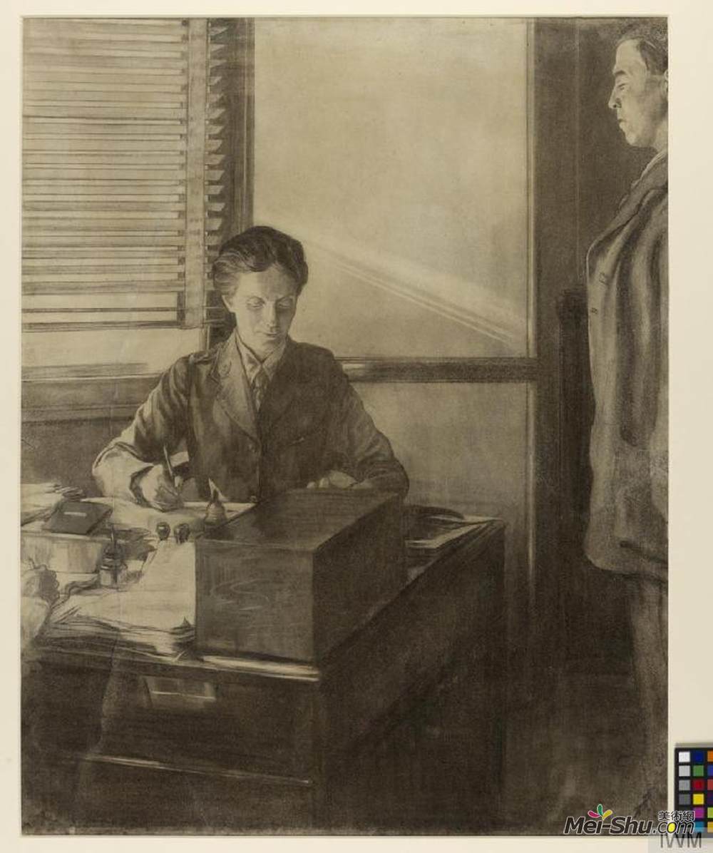 奥斯汀·奥斯曼·斯帕(Austin Osman Spare)高清作品《Dr. Flora Murray Working at Her Desk Observed by a Unnamed M》