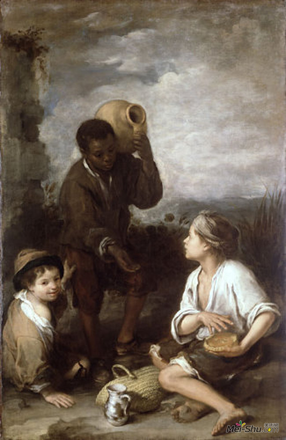 巴托洛梅·埃斯特万·穆立罗(Bartolome Esteban Murillo)高清作品《两个农家男孩和一个黑人男孩》