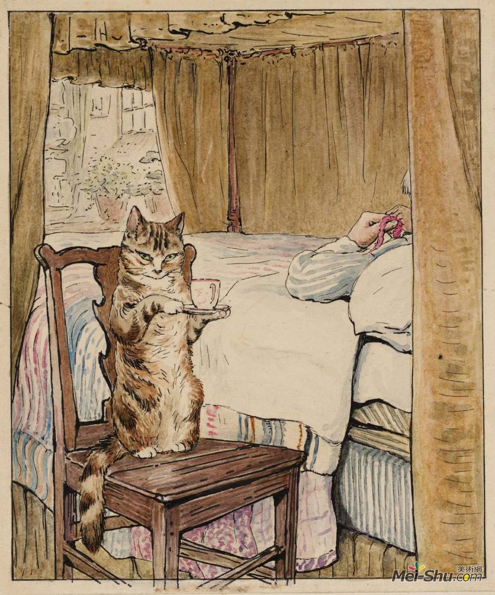 碧雅翠丝·波特(Beatrix Potter)高清作品《Simpkin at the Tailor’s Bedside》