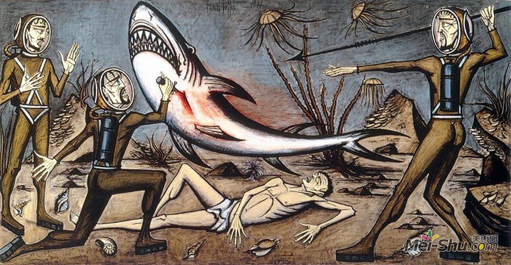 贝尔纳·布菲(Bernard Buffet)高清作品《海底两万里：战斗与鲨鱼》