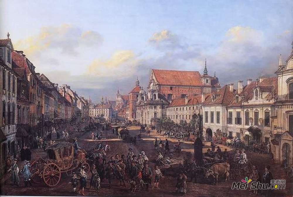 贝尔纳多·贝洛托(Bernardo Bellotto)高清作品《克拉科夫郊区看法导致城堡正方形》