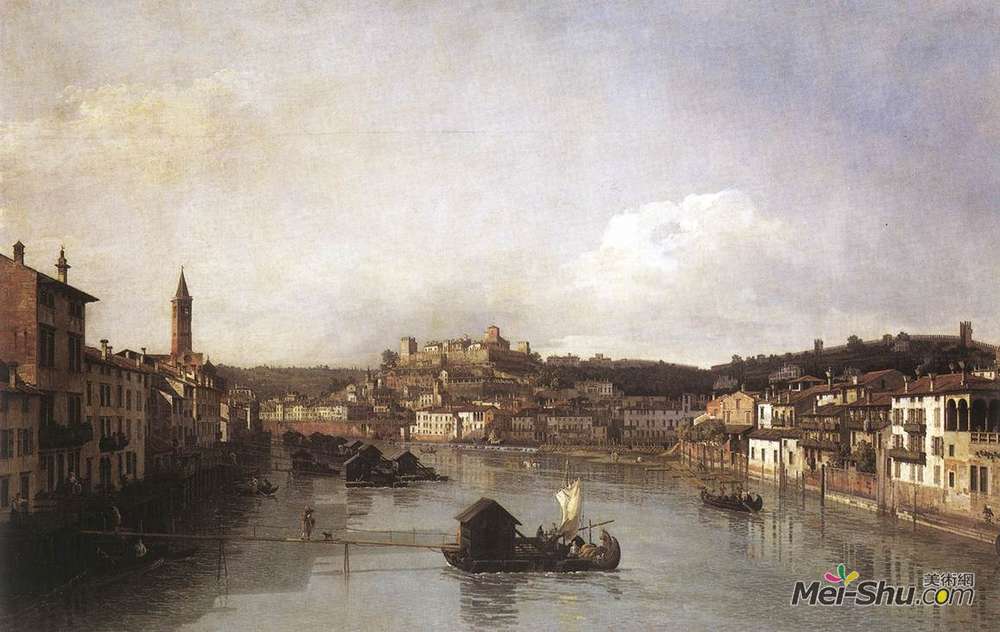 贝尔纳多·贝洛托(Bernardo Bellotto)高清作品《View of Verona and the River Adige from the Ponte Nuovo》