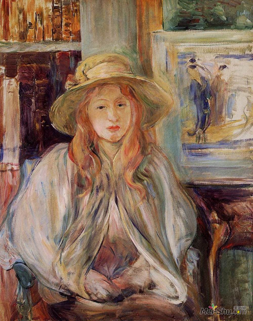 《朱莉马奈戴着草帽》贝尔特·摩里索特(berthe morisot)高清作品欣赏