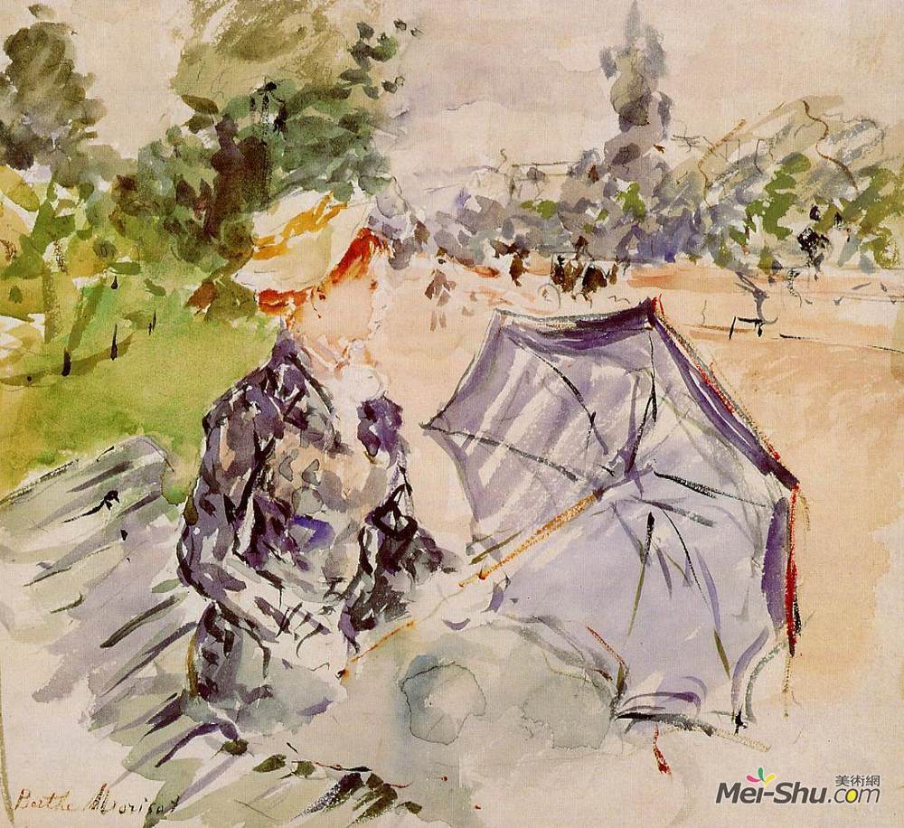 贝尔特·摩里索特(Berthe Morisot)高清作品《带阳伞坐在公园里的女士》