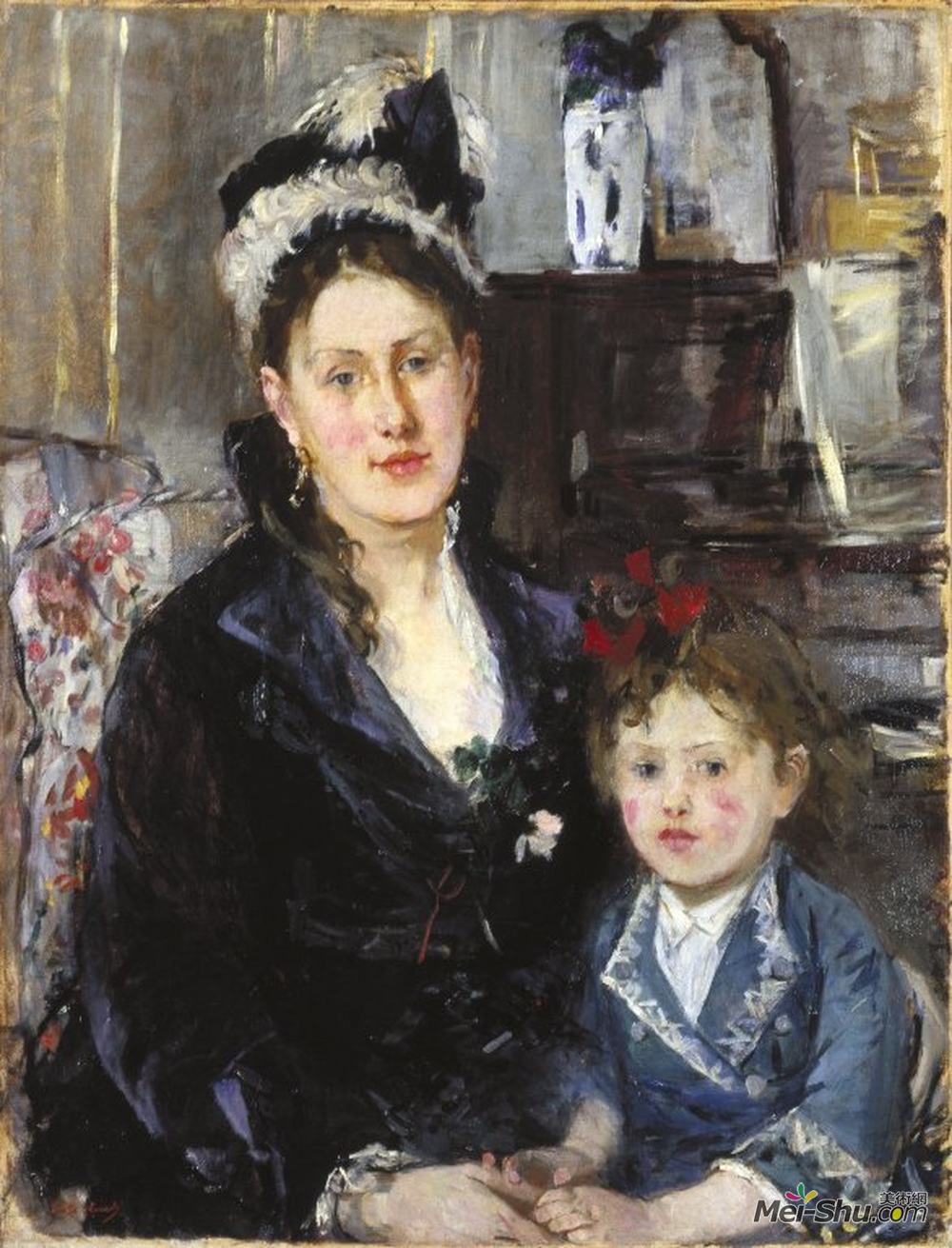 贝尔特·摩里索特(Berthe Morisot)高清作品《Mme Boursier and Her Daughter》