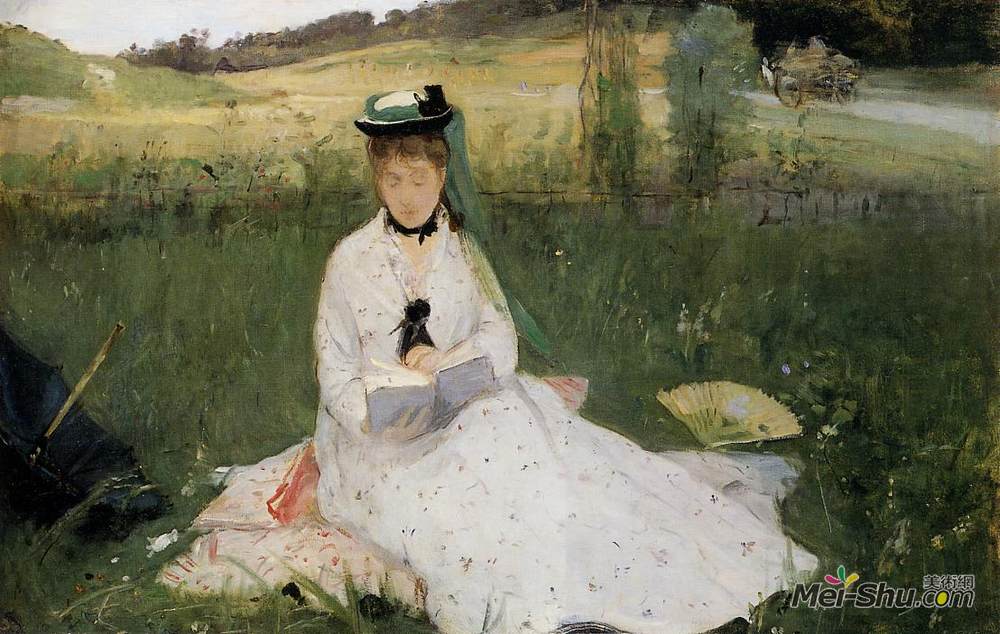 贝尔特·摩里索特(Berthe Morisot)高清作品《阅读绿伞》