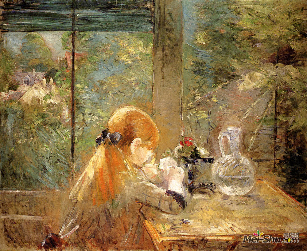 贝尔特·摩里索特(Berthe Morisot)高清作品《坐在阳台上的红头发女孩》
