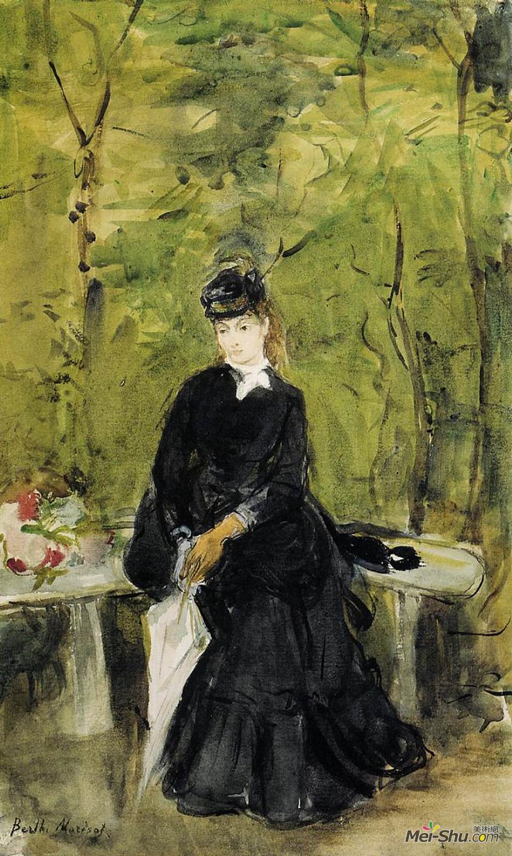 贝尔特·摩里索特(Berthe Morisot)高清作品《坐在长凳上的年轻女士》