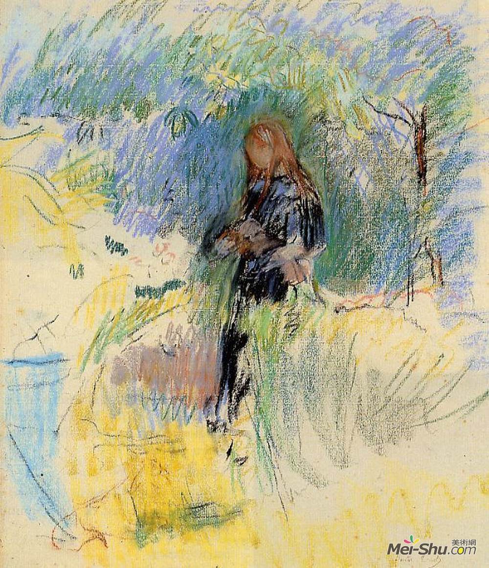 贝尔特·摩里索特(Berthe Morisot)高清作品《抱着一只狗的年轻女子》