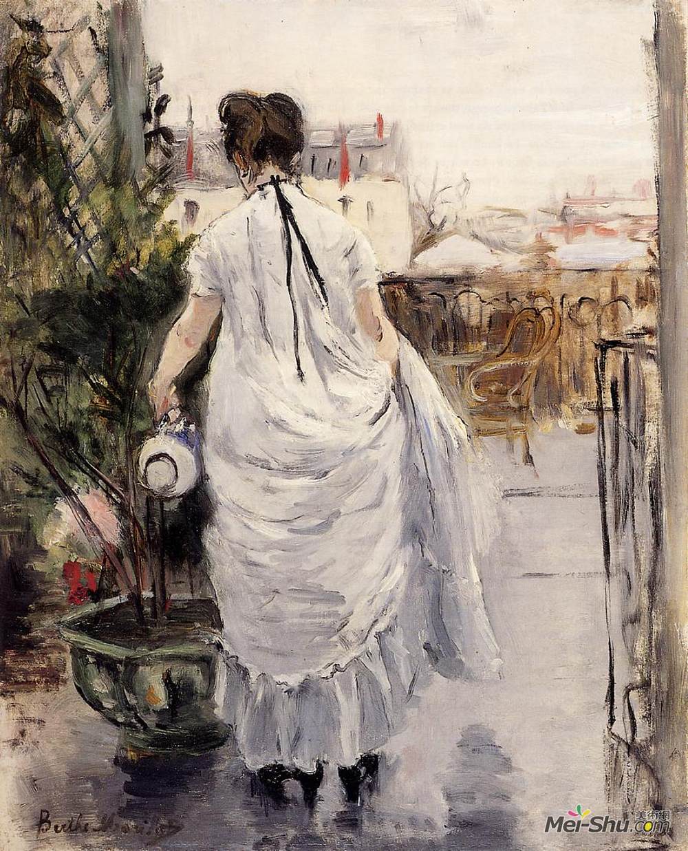 贝尔特·摩里索特(Berthe Morisot)高清作品《给灌木丛浇水的年轻女子》