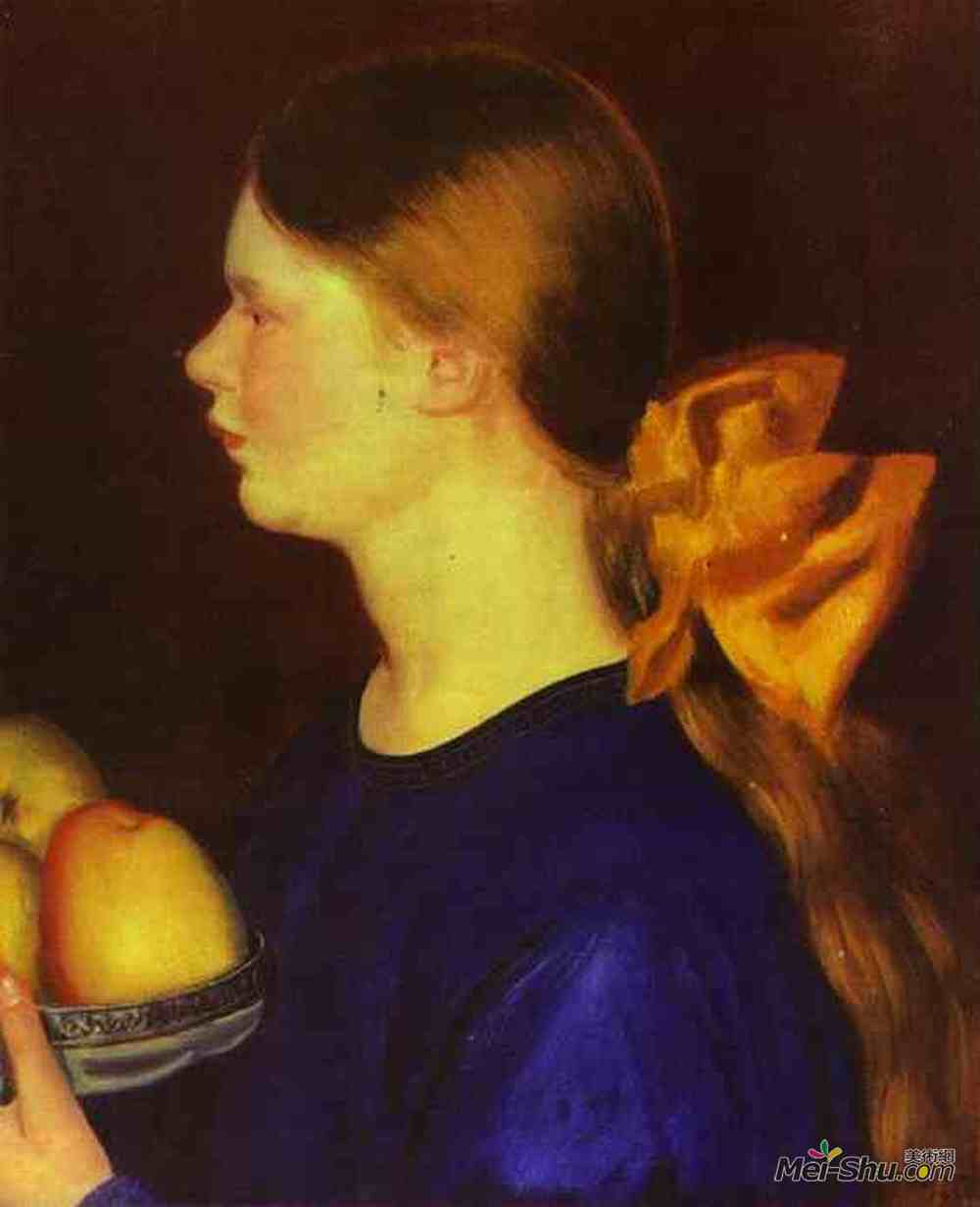 鲍里斯·克斯托依列夫(Boris Kustodiev)高清作品《Girl with Apples (Portrait of Irina Kustodiyeva)》