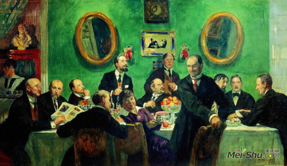 鲍里斯·克斯托依列夫(Boris Kustodiev)高清作品《世界艺术画家群体肖像》
