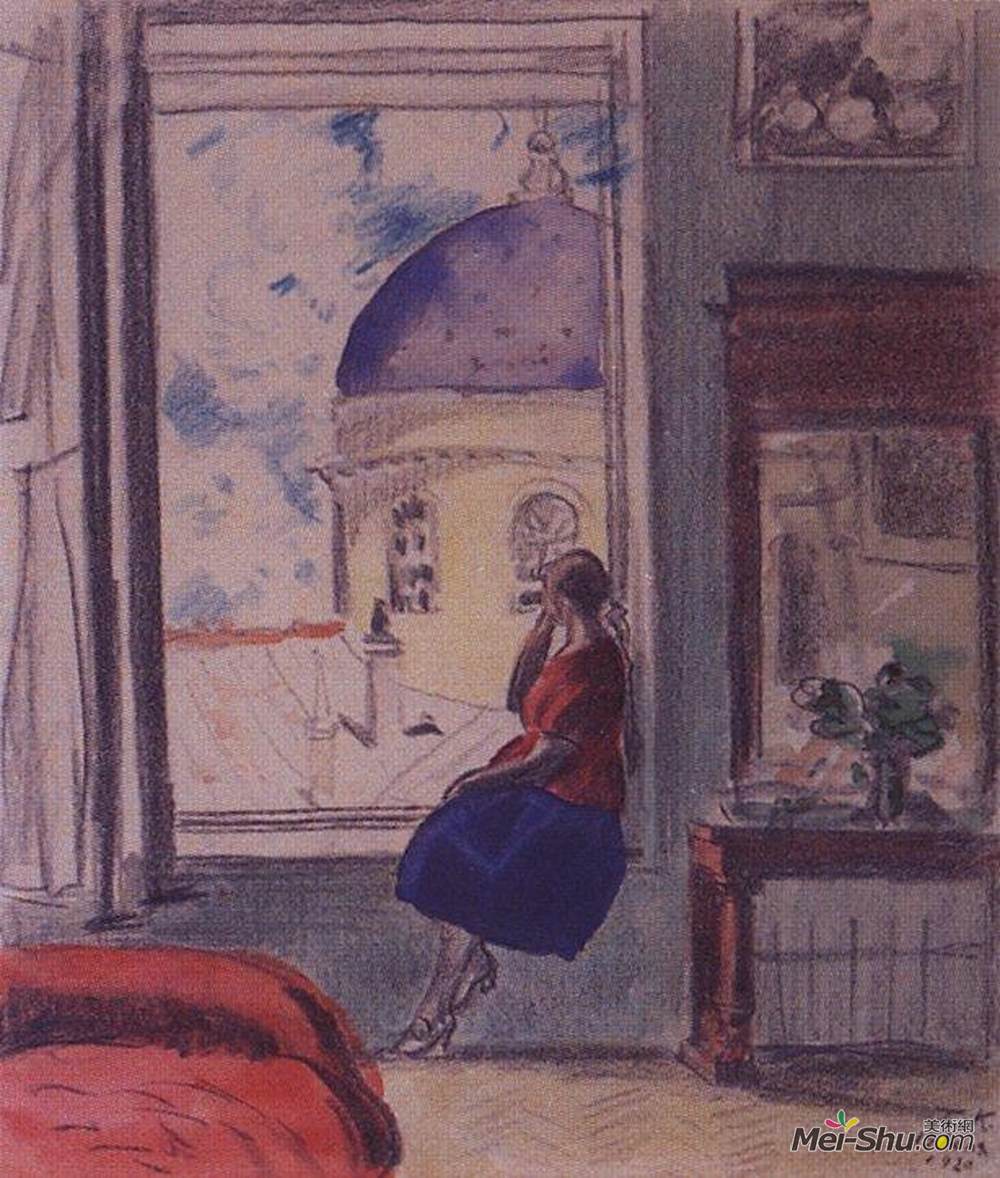 鲍里斯·克斯托依列夫(Boris Kustodiev)高清作品《内部。橱窗里的女性形象（演播室）》