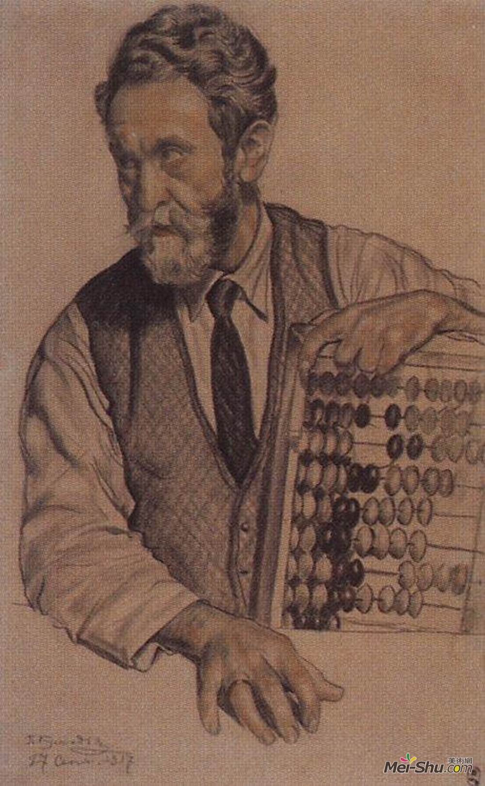 鲍里斯·克斯托依列夫(Boris Kustodiev)高清作品《Man with accounts (V.A. Kastalsky)》