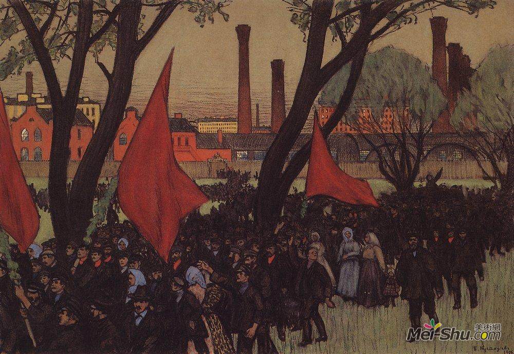 鲍里斯·克斯托依列夫(Boris Kustodiev)高清作品《May Day demonstration in Putilov》