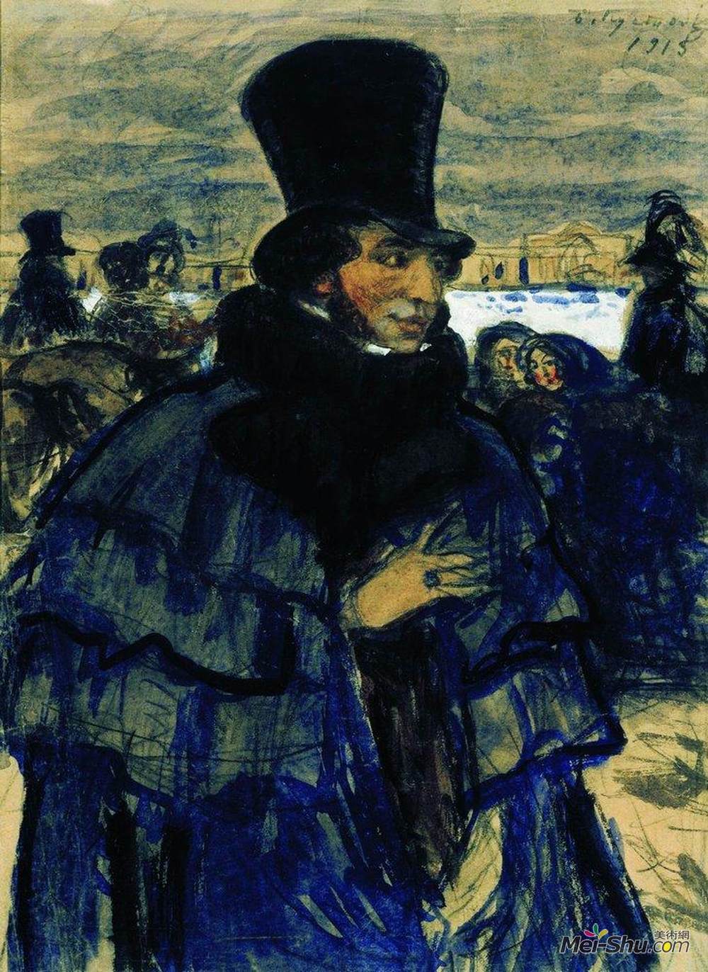 鲍里斯·克斯托依列夫(Boris Kustodiev)高清作品《亚历山大·普希金在涅瓦河堤防的画像》