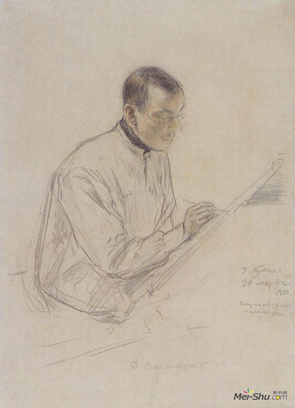 鲍里斯·克斯托依列夫(Boris Kustodiev)高清作品《Portrait of D.S. Stelletsky at work》